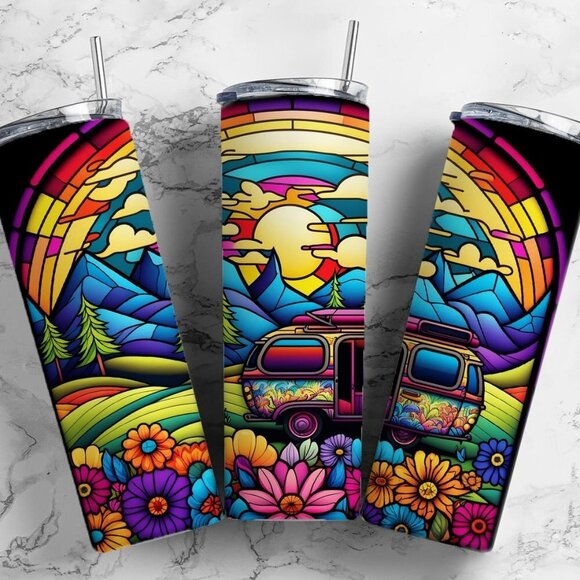 Custom 20oz Stainless Steel Tumbler - Stained Glass Hippie Bus Volkswagen Van - Picture 1 of 1